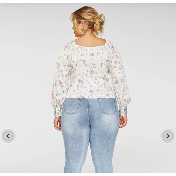 Floral Print Tie Front Blouse with Long Sleeves, Ivory 2X - Picture 8 of 8